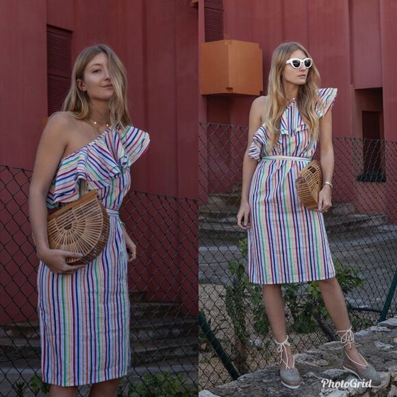 ASOS Rainbow One Shoulder Ruffle Midi Dress with Split in Bright Stripe - Picture 2 of 9